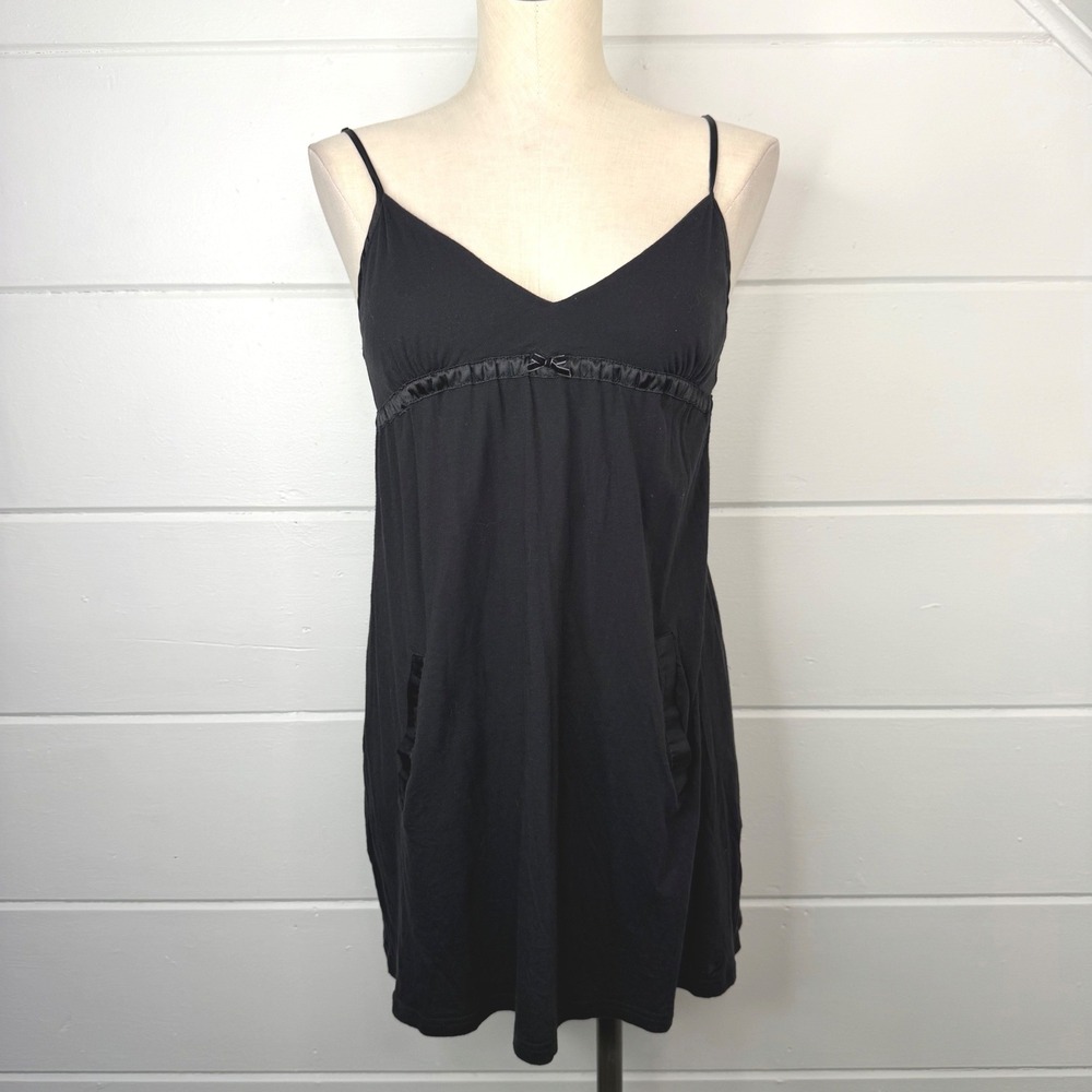 Aerie Black Babydoll Mini Dress Nightgown Medium Y2K Satin Trim Pockets Cotton